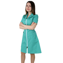 Uniforms and Tailoring/PROFESSIONAL UNIFORMS/Medical Dresses - Sarafan DAMA Modern, maneca scurta, guler, rever, 3 buzunare, fermoar lung, cordon in talie, COLOR, marimi XS-XL